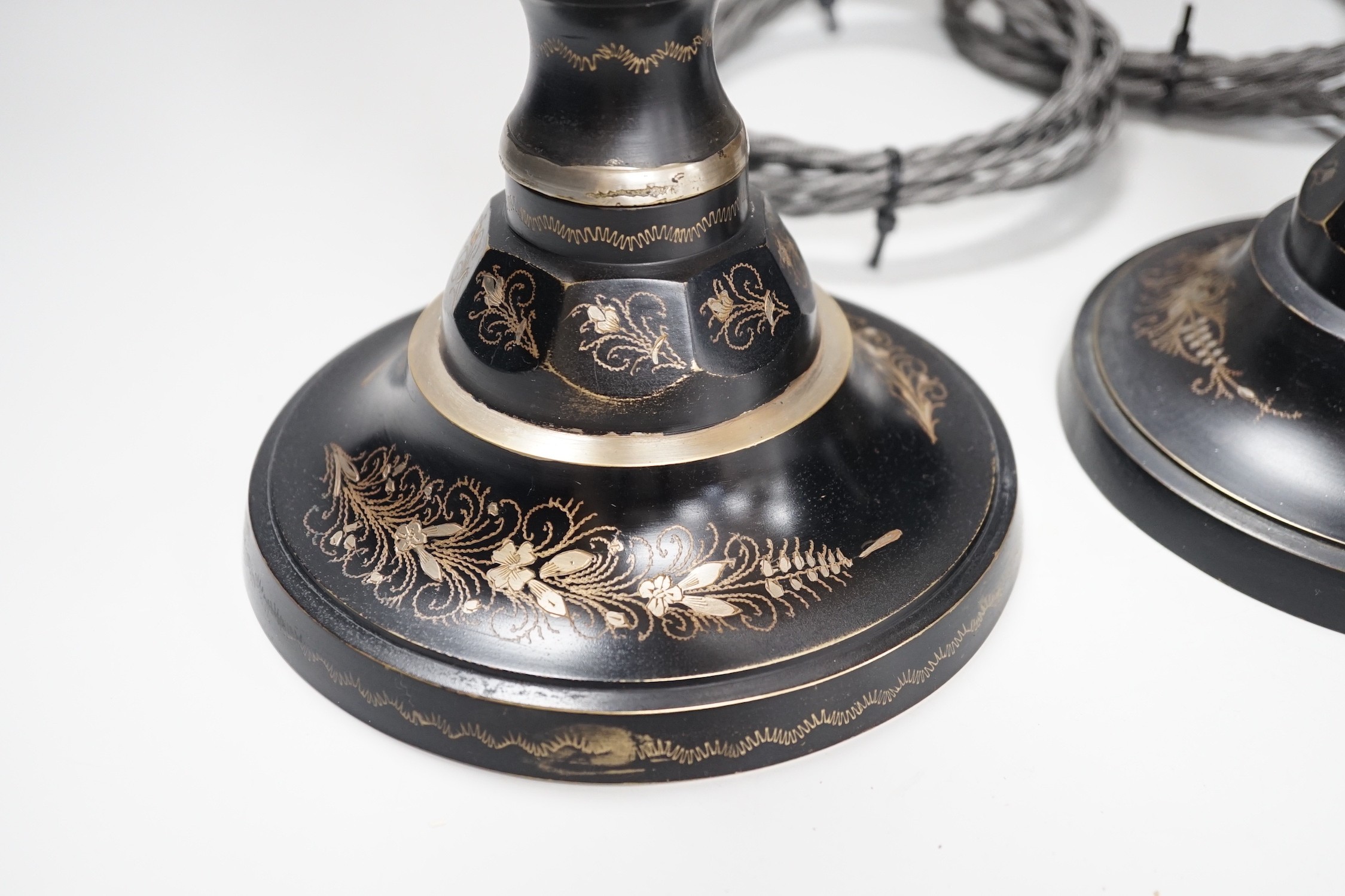 A near pair of Indian Bidri ware table lamps, 60cm total height